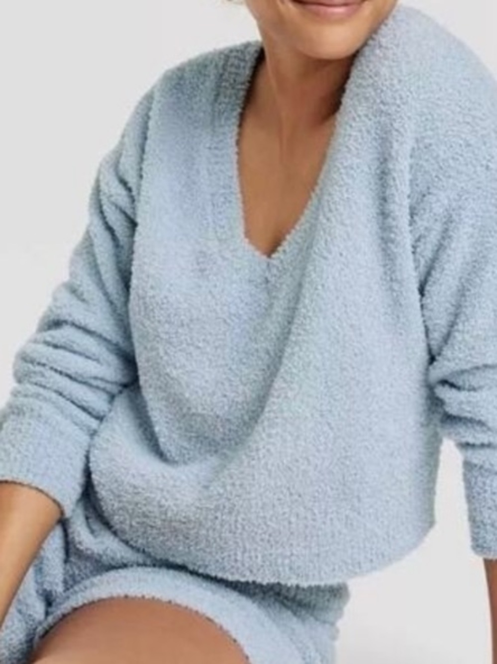 stars above Plush Scoop-Neck Sweater in Pale Blue and Shorts